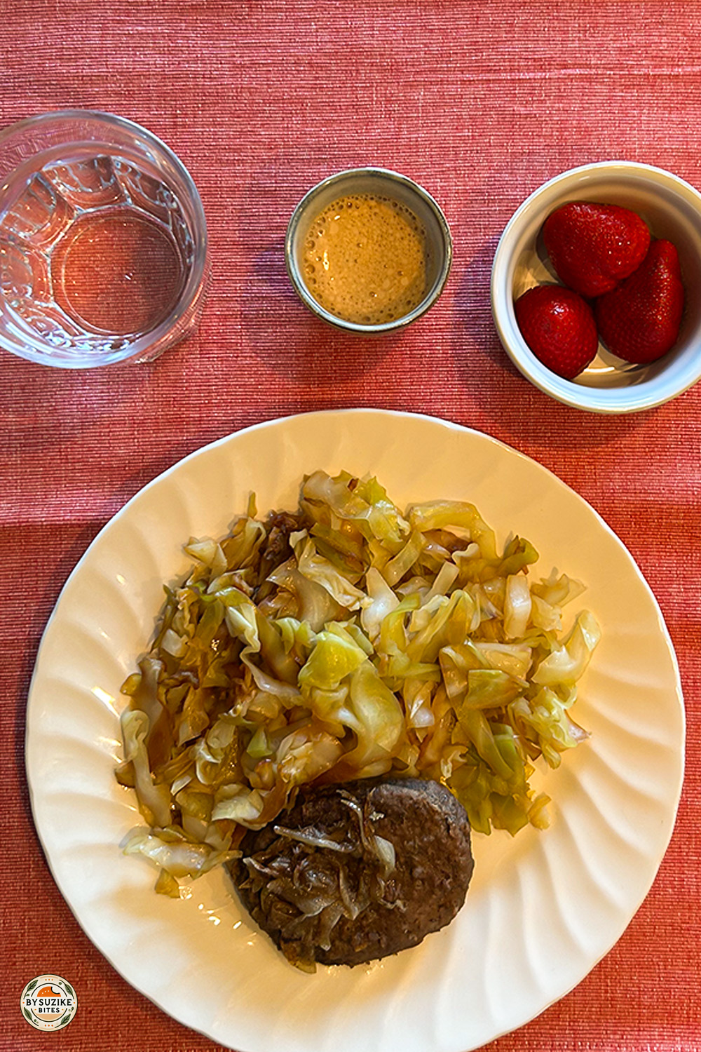 Low carb dinner idea – hamburger with onions and sautéed cabbage, with espresso and strawberries – Day 13