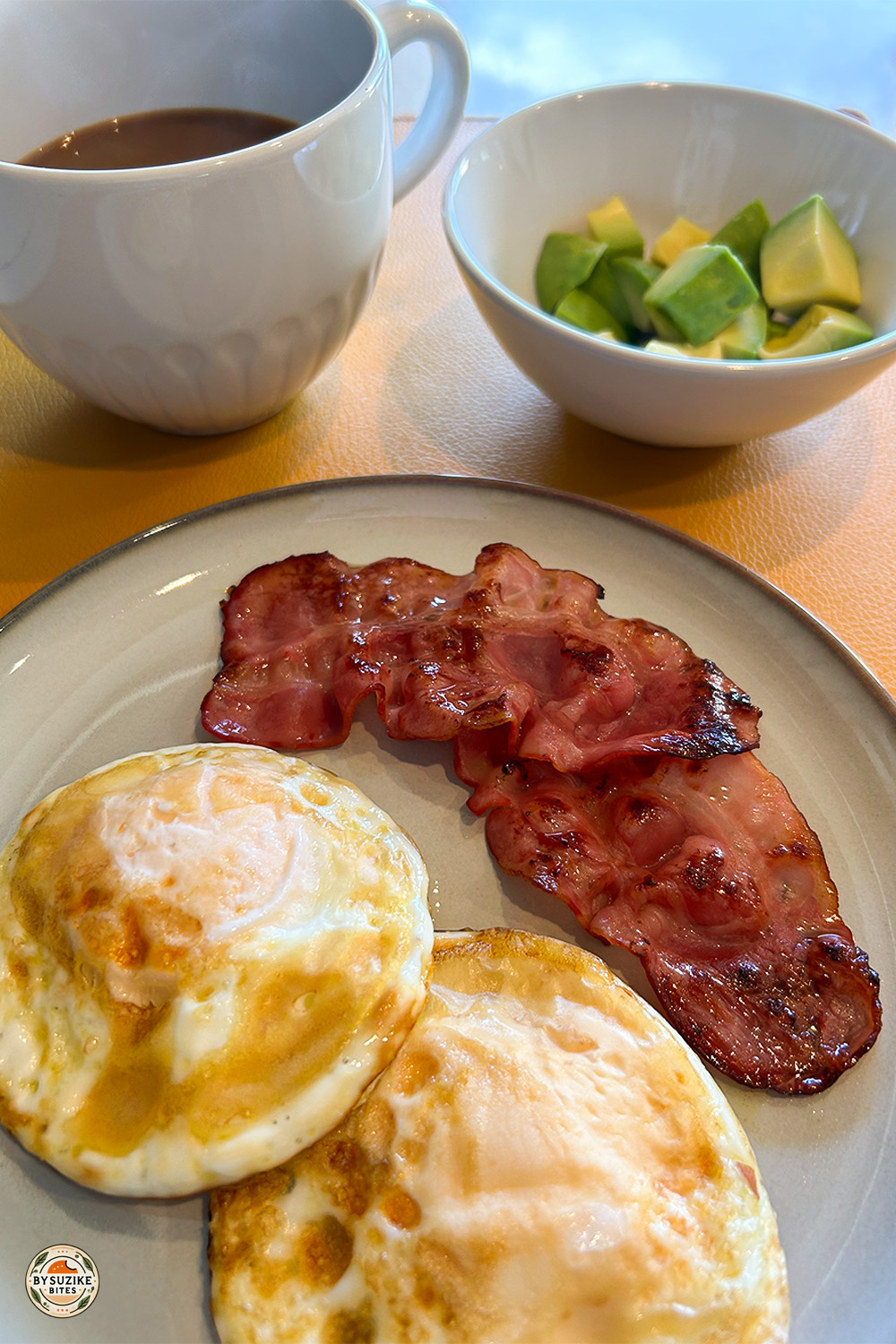 Two fried eggs with crispy bacon — high protein, low carb breakfast idea