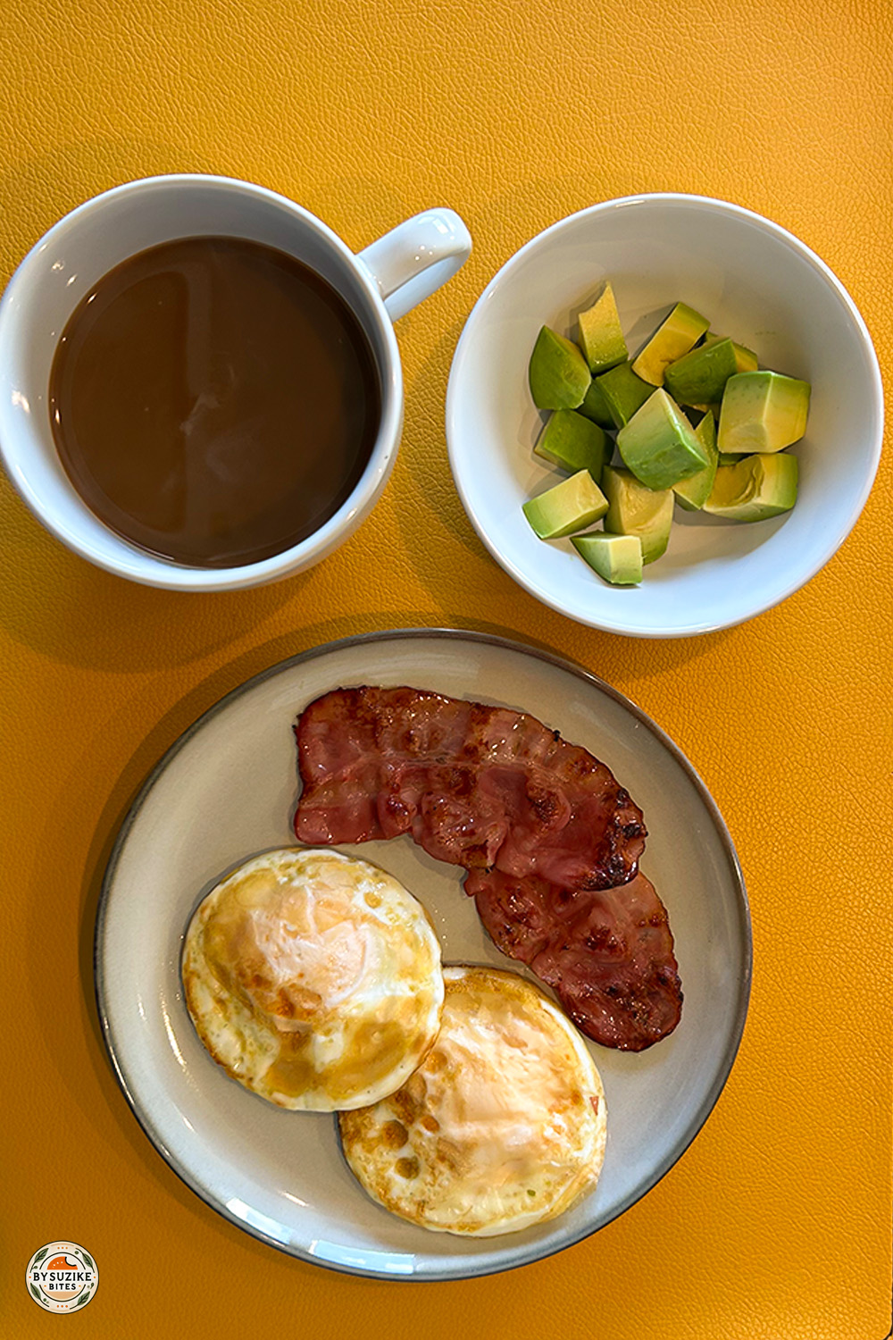 Low carb breakfast with avocado, crispy bacon and black coffee on a clean plate