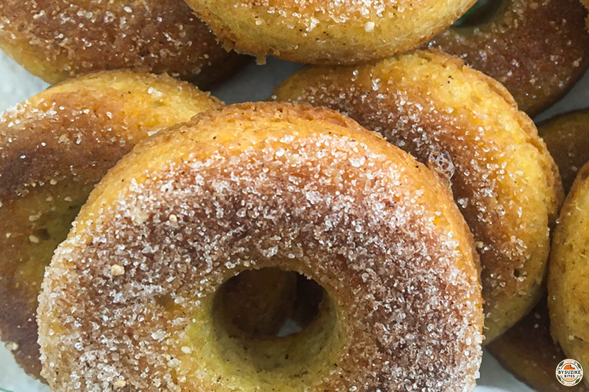 BSB_Donuts 5 Close-up of keto cinnamon donuts with a golden brown finish, topped with sugar-free cinnamon coating.