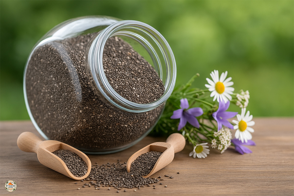 Chia Seeds 2 Chia seeds spilling from a glass jar with wooden scoop and wildflowers β a perfect low carb pantry essential.