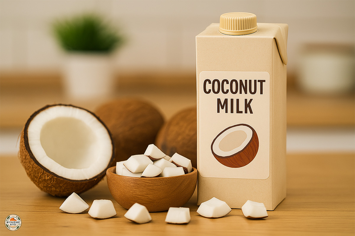 Coconut Milk 1 Glass jar and coconut bowl filled with fresh coconut milk on a wooden table, perfect for low carb diets