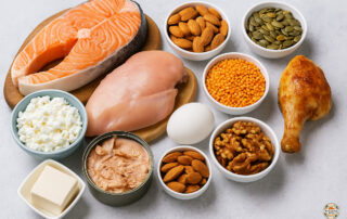 A variety of low carb protein-rich foods including salmon, chicken breast, cottage cheese, canned tuna, tofu, eggs, almonds, walnuts, lentils, and roasted chicken leg on a white background.