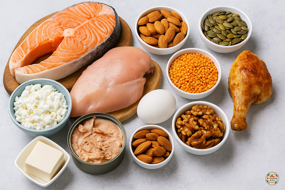 A variety of low carb protein-rich foods including salmon, chicken breast, cottage cheese, canned tuna, tofu, eggs, almonds, walnuts, lentils, and roasted chicken leg on a white background.