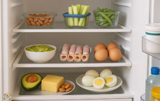Open fridge neatly stocked with low carb snacks like boiled eggs, avocado, cheese, ham rolls, and almonds — easy options for busy days