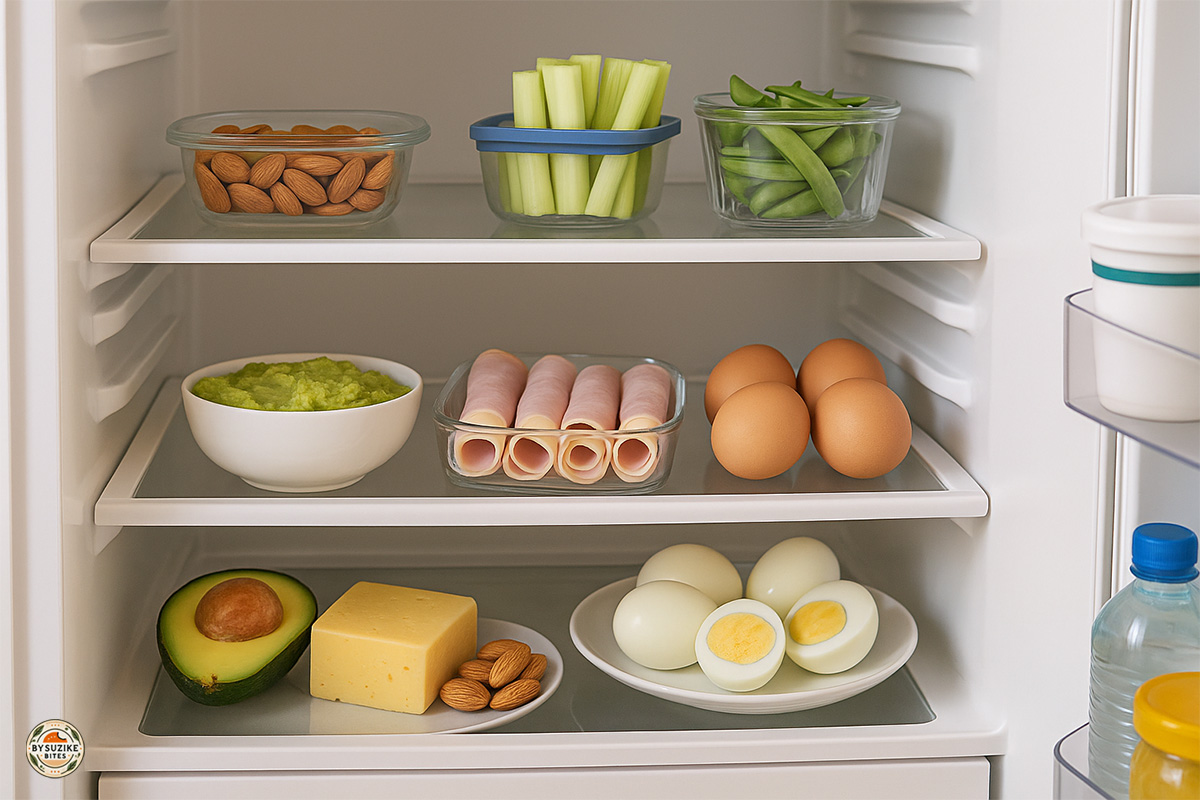 Open fridge neatly stocked with low carb snacks like boiled eggs, avocado, cheese, ham rolls, and almonds — easy options for busy days