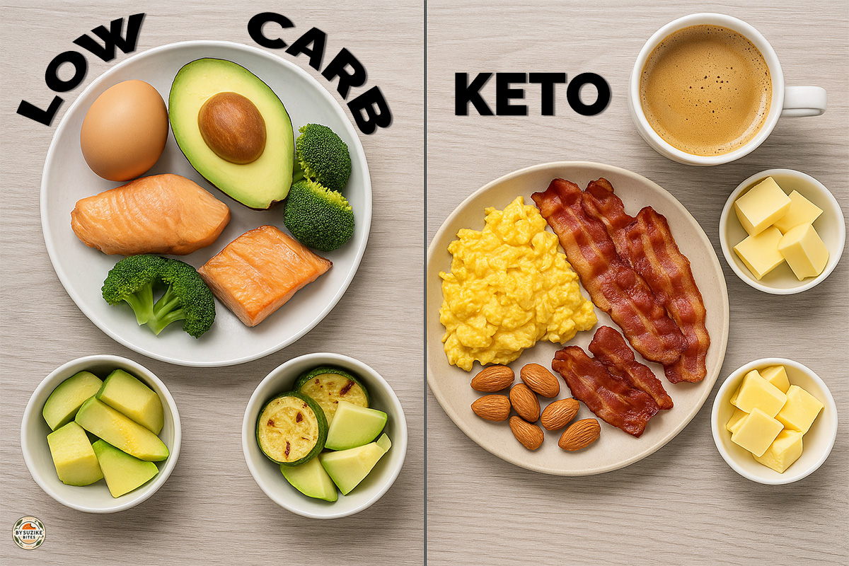 Low Carb vs Keto 2 Side-by-side low carb and keto meals: salmon, broccoli, and avocado vs scrambled eggs, bacon, nuts, and cheese portions