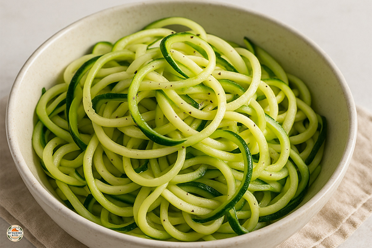 Zucchini 1 Bowl of spiralized zucchini noodles seasoned with pepper, served in a ceramic bowl on a linen napkin.