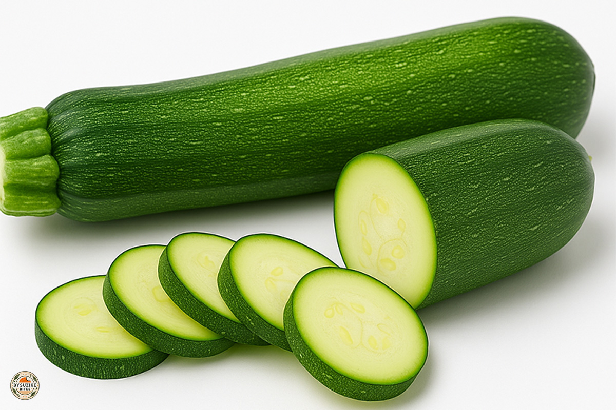 Zucchini 3 Whole and sliced zucchini on a white background, highlighting the vibrant green skin and pale interior.