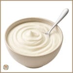 Is Greek Yogurt Low Carb?: Plain Greek yogurt in a beige ceramic bowl with a spoon, showing its thick and creamy texture.