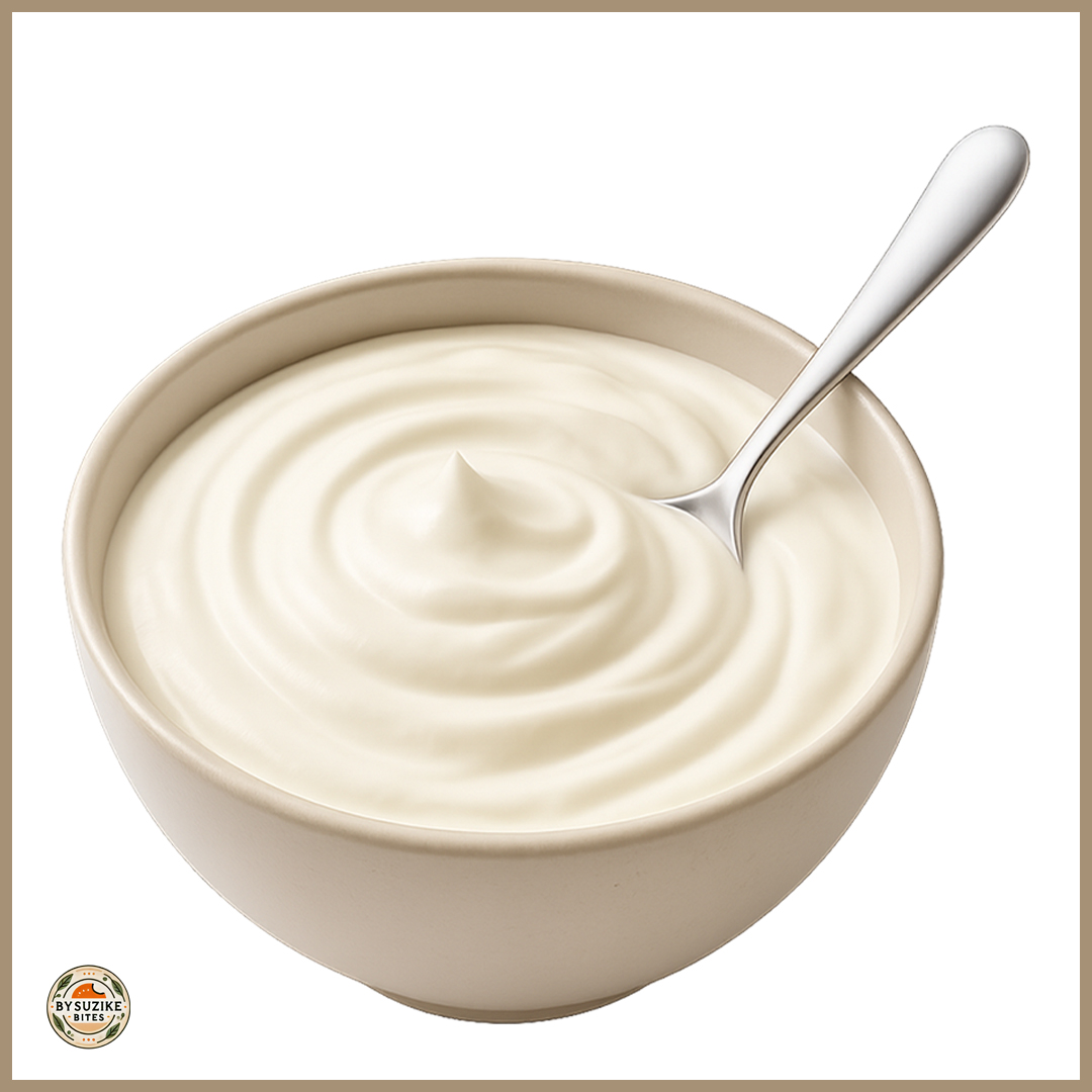 Is Greek Yogurt Low Carb?: Plain Greek yogurt in a beige ceramic bowl with a spoon, showing its thick and creamy texture.