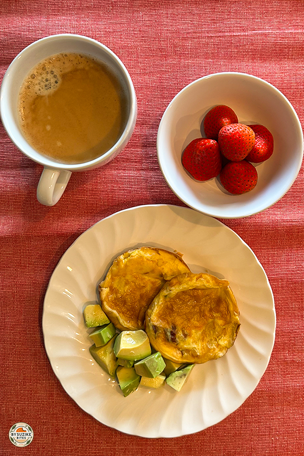 Low carb breakfast with eggs, avocado, strawberries, and black coffee