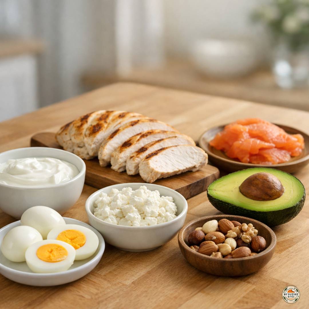 A variety of low carb protein-rich foods including salmon, chicken breast, cottage cheese, canned tuna, tofu, eggs, almonds, walnuts, lentils, and roasted chicken leg on a white background.