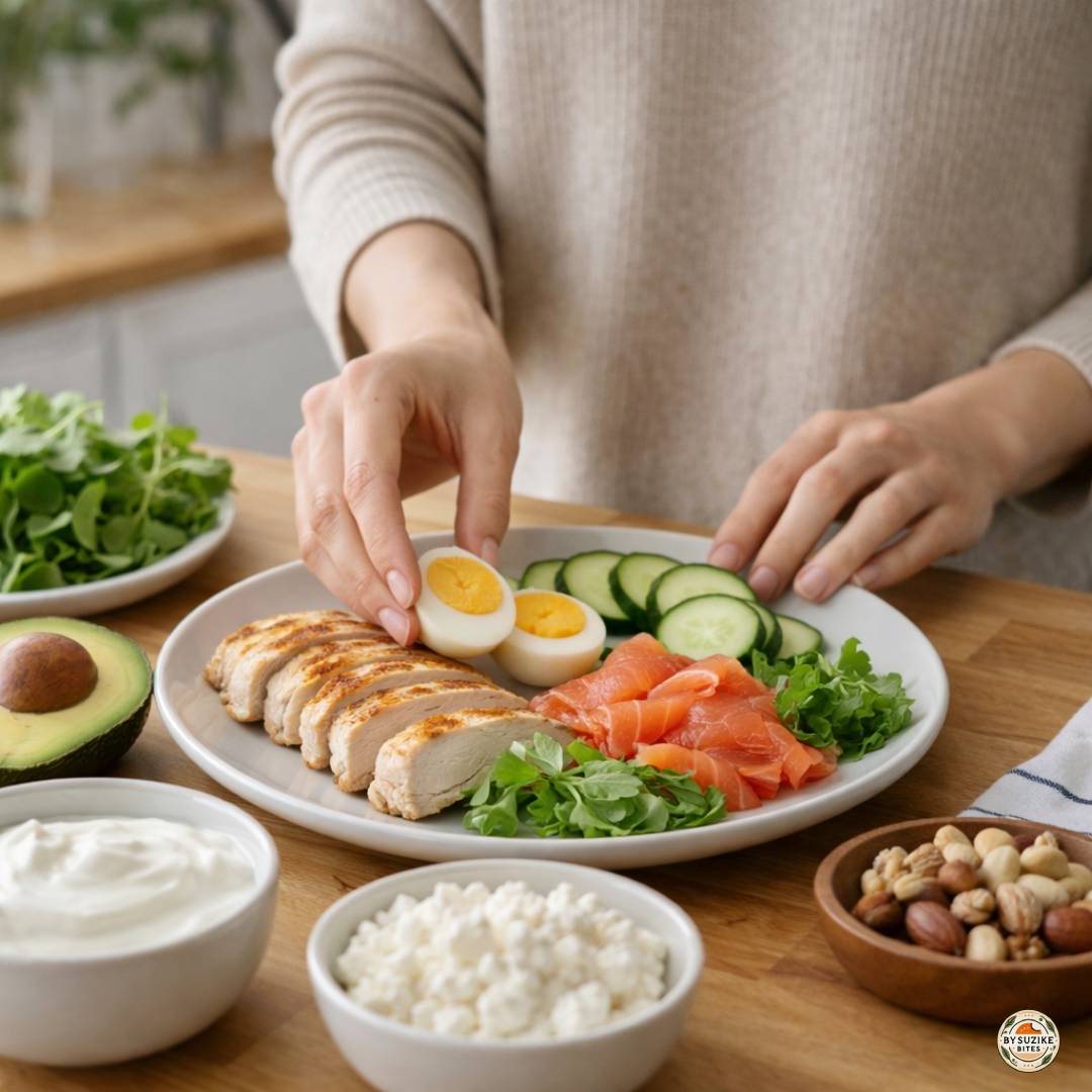 ow-carb-protein-foods-ingredients A healthy low carb lunch plate with grilled chicken breast, broccoli, sweet potato slices, and a fresh green salad with tomato and cucumber.