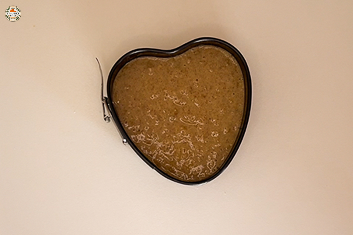 Oat Banana Cake 7 Oat banana cake batter in a heart-shaped baking tin before baking