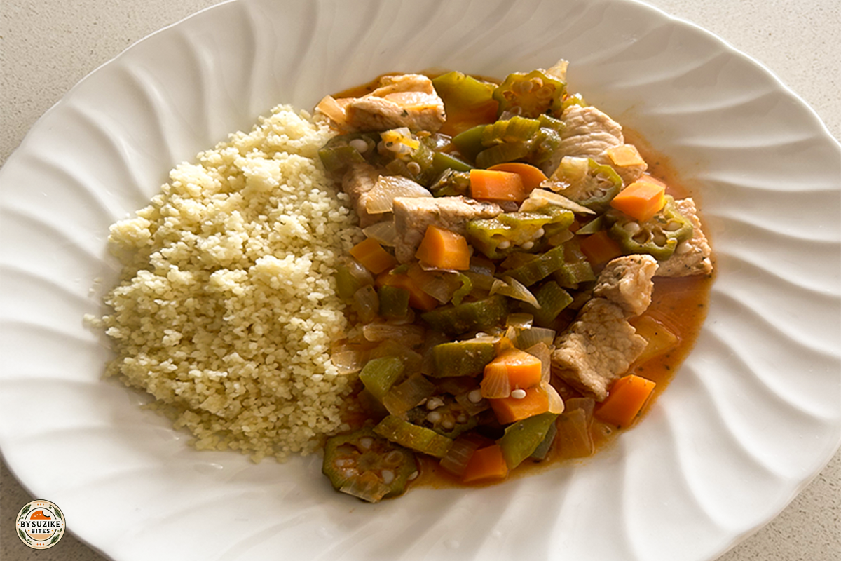 pork-with-okra-step-13-final-dish Step 13: Final pork and okra dish served with couscous