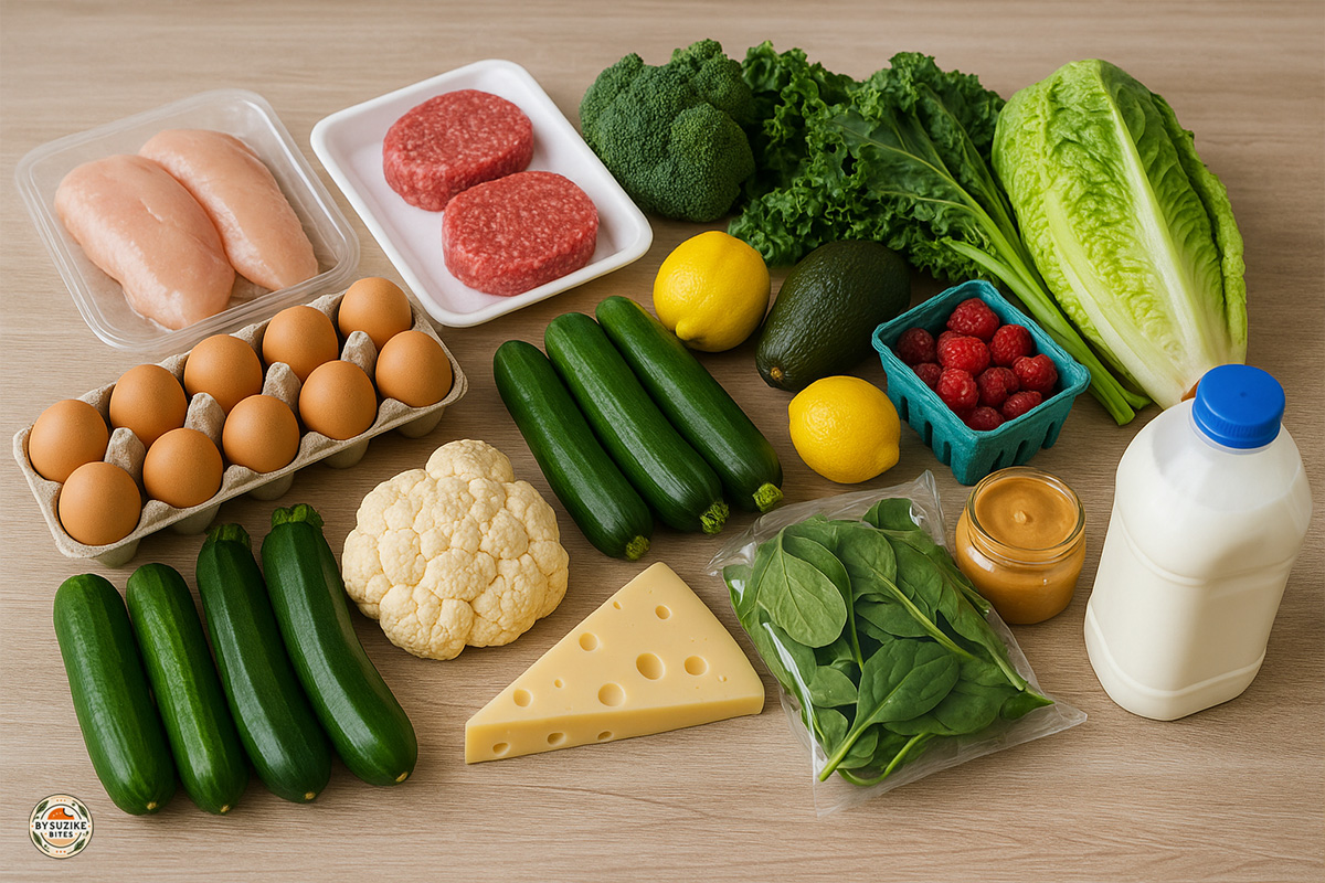 eat-healthy-when-tired-and-busy-easy-grocery-list-bysuzike Eat healthy when tired and busy with an easy grocery list including eggs, chicken, leafy greens, cucumbers, avocado, cheese, berries, and simple proteins.
