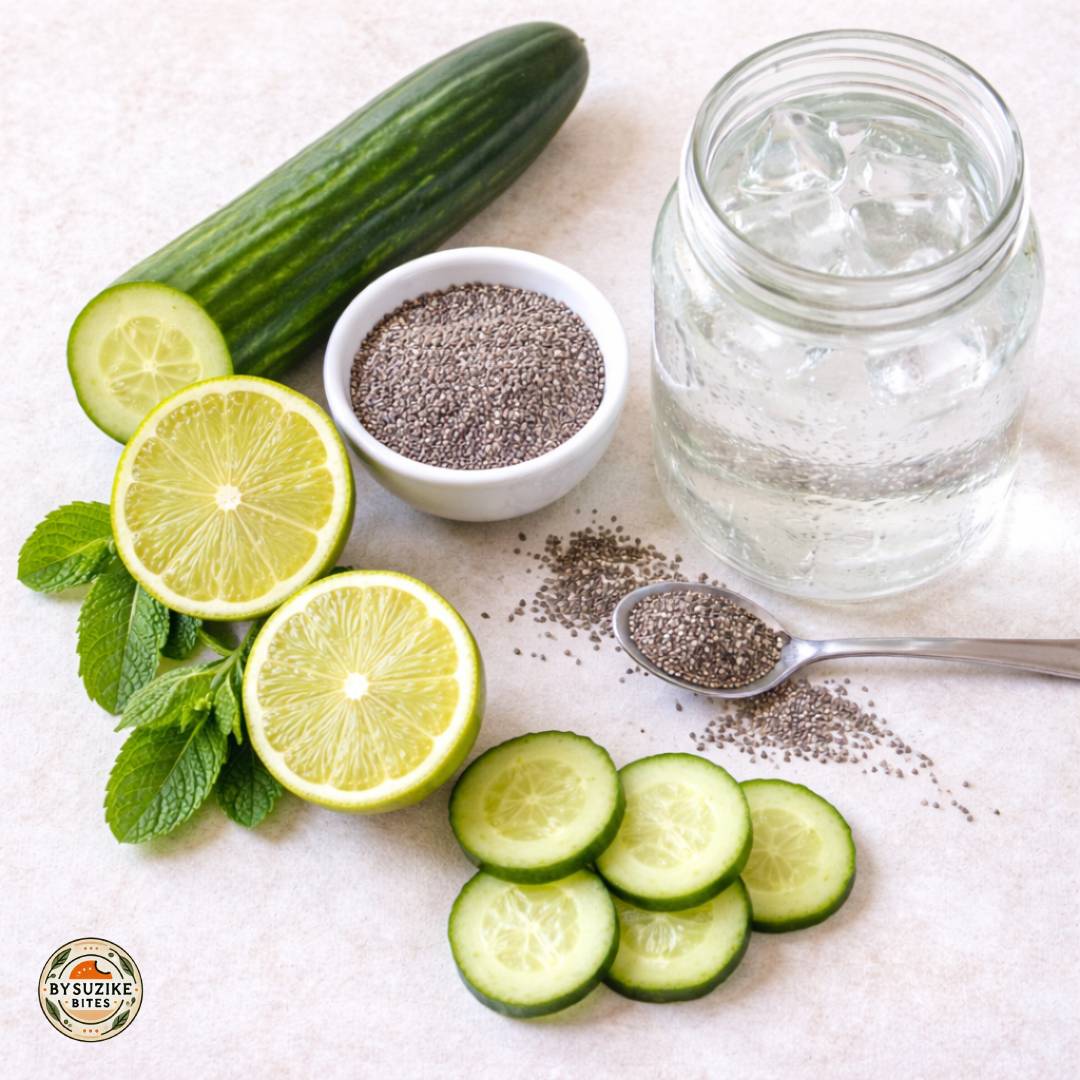 cucumber-lime-chia-water-ingredients-1080×1080 Ingredients for cucumber lime chia water recipe with cucumber lime and chia seeds