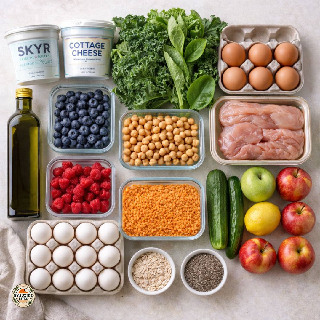 Healthy grocery list for high protein high fiber meals with eggs, chicken, berries, greens, lentils, oats, and chia