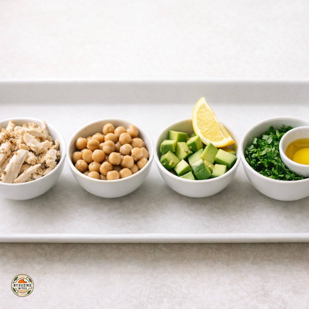Four bowl meal formula showing protein, fiber, healthy fat, and flavor boosters