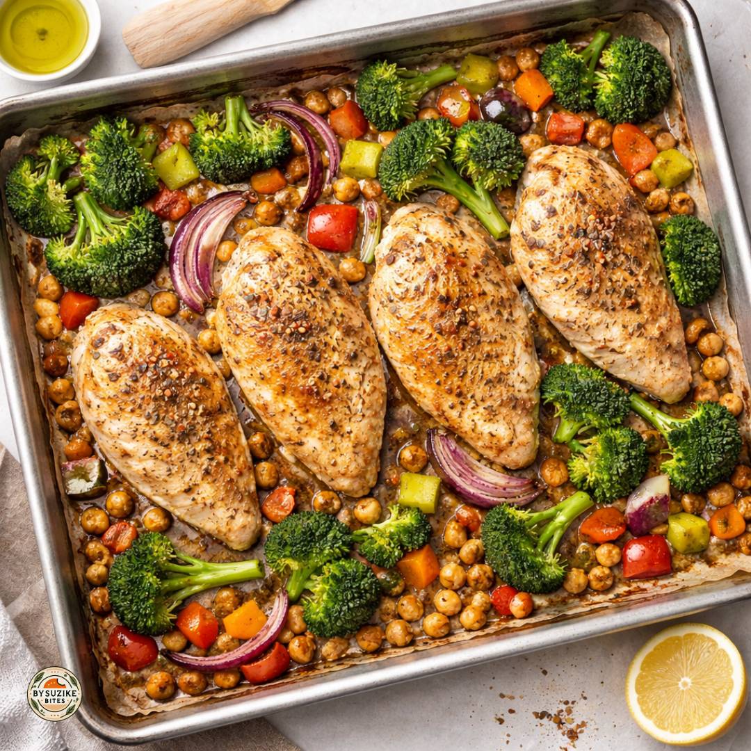 Sheet pan chicken with broccoli, chickpeas, and roasted vegetables for an easy high protein high fiber dinner