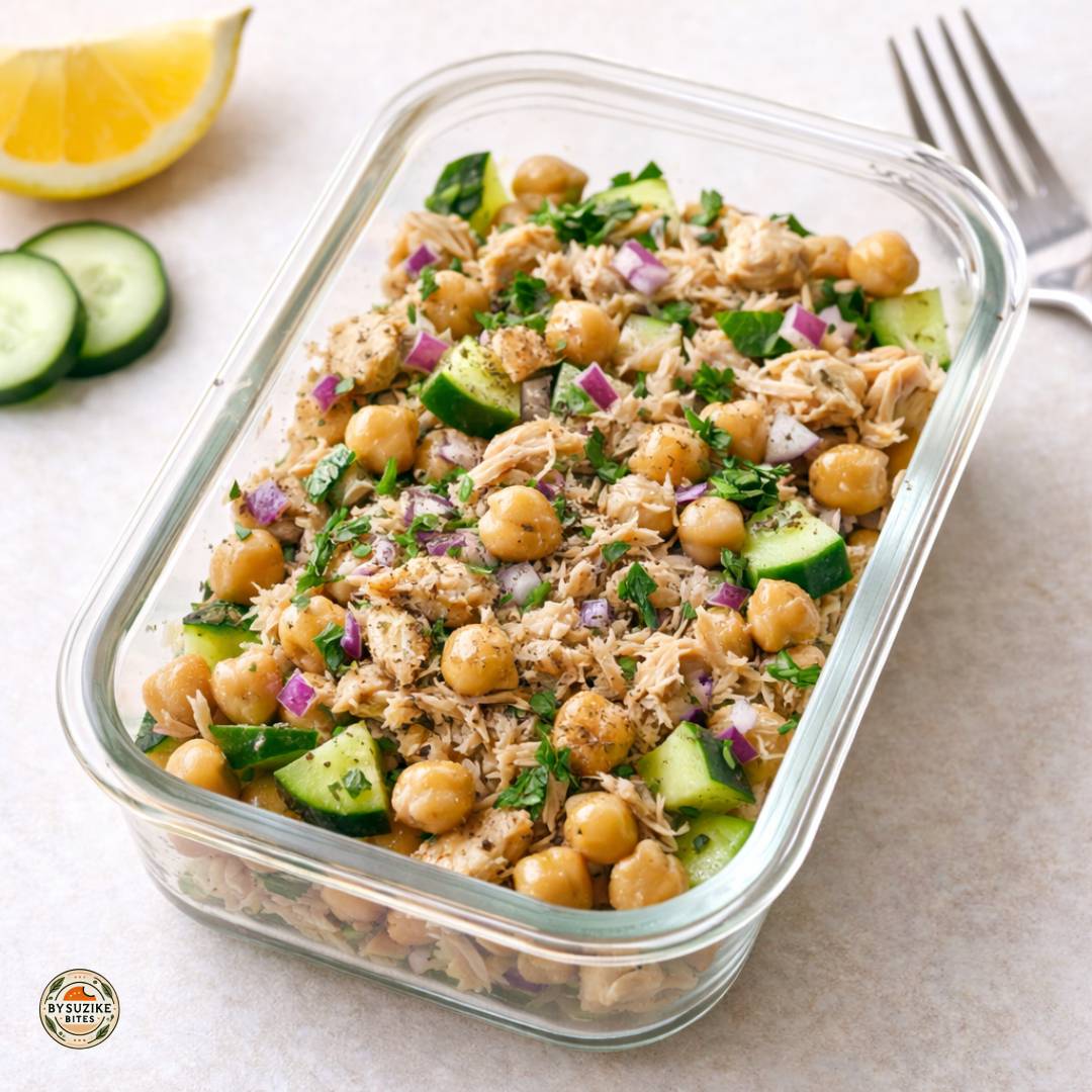 Tuna chickpea salad in a glass meal prep container with cucumber, red onion, and herbs