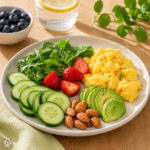 Lazy Low Carb Spring snack plate with cucumber slices, celery sticks, deli roll ups, nuts and a creamy dip.