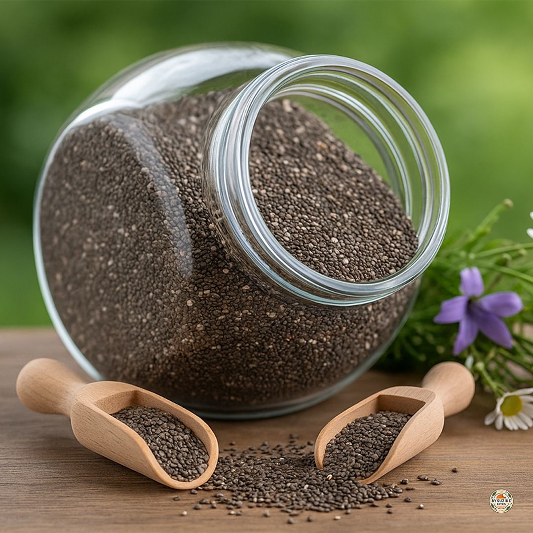 Chia seeds spilling from a glass jar with wooden scoop and wildflowers — a perfect low carb pantry essential.