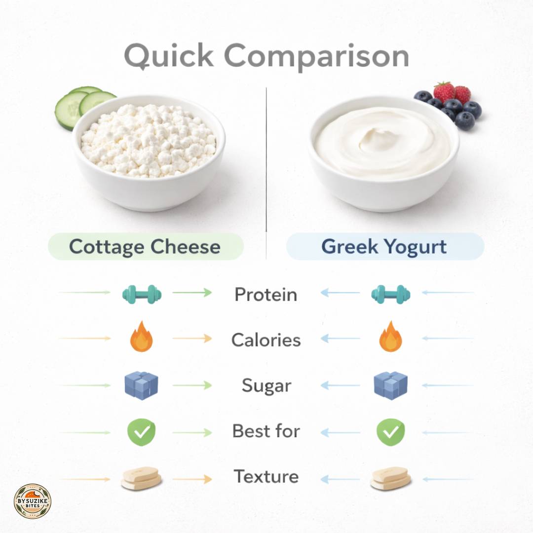 Cottage cheese vs greek yogurt for weight loss: Side-by-side quick comparison graphic of cottage cheese and Greek yogurt highlighting protein, calories, sugar, best uses, and texture.