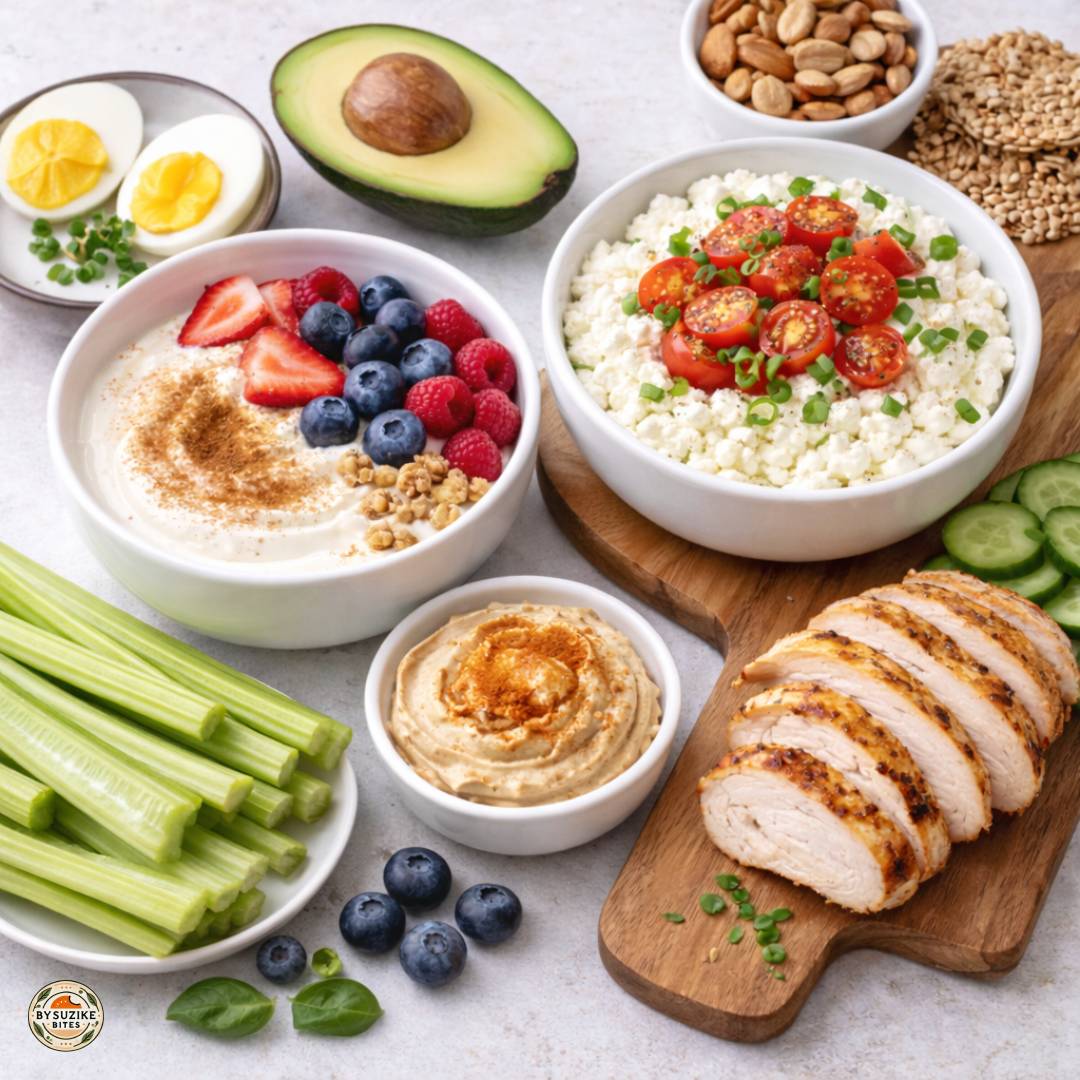 High protein food spread featuring a Greek yogurt bowl with berries and a cottage cheese bowl with tomatoes, alongside eggs, chicken, nuts, celery, hummus, and cucumber.