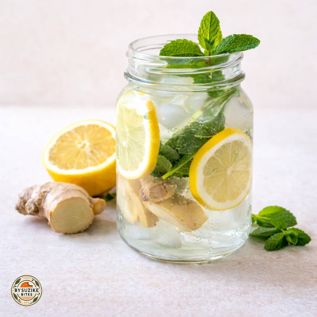 Lemon ginger mint water in a glass jar with ice for weight loss and digestion
