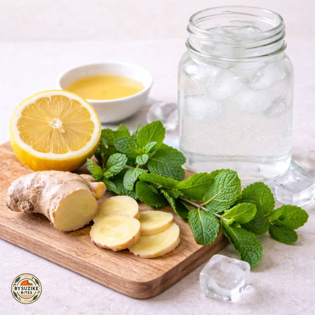 Ingredients for lemon ginger mint water recipe