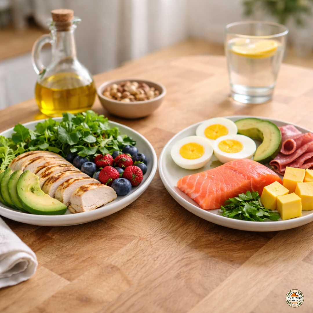 Side-by-side low carb and keto meals: salmon, broccoli, and avocado vs scrambled eggs, bacon, nuts, and cheese portions