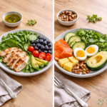 Comparison of low carb and keto foods on a wooden table, featuring chicken, vegetables, and avocado on one side, and bacon, butter, and coffee on the other