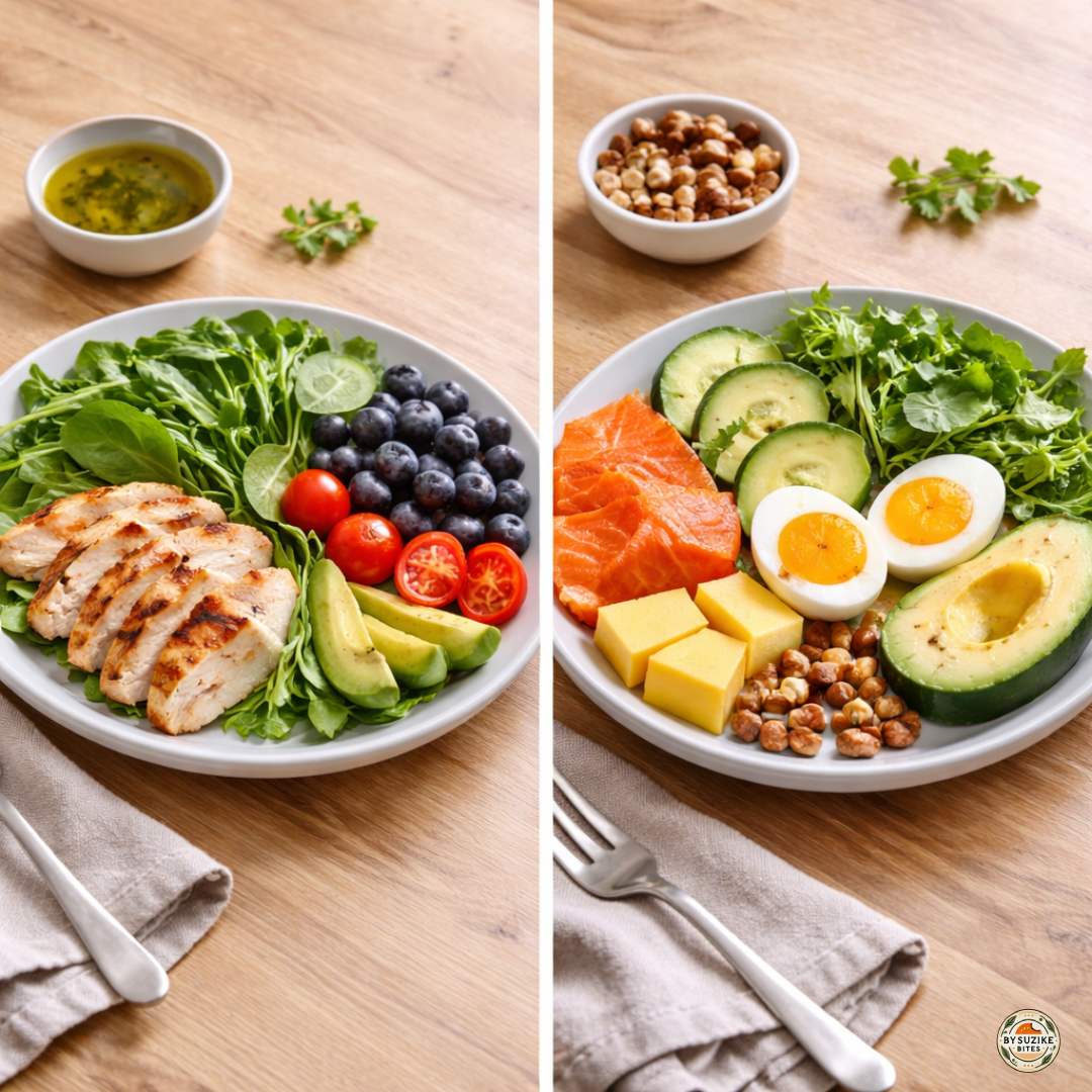 Comparison of low carb and keto foods on a wooden table, featuring chicken, vegetables, and avocado on one side, and bacon, butter, and coffee on the other