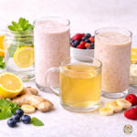 Best morning drinks for weight loss and digestion featuring lemon water, a Greek yogurt smoothie, warm ginger water, and a cottage cheese breakfast shake on a light surface
