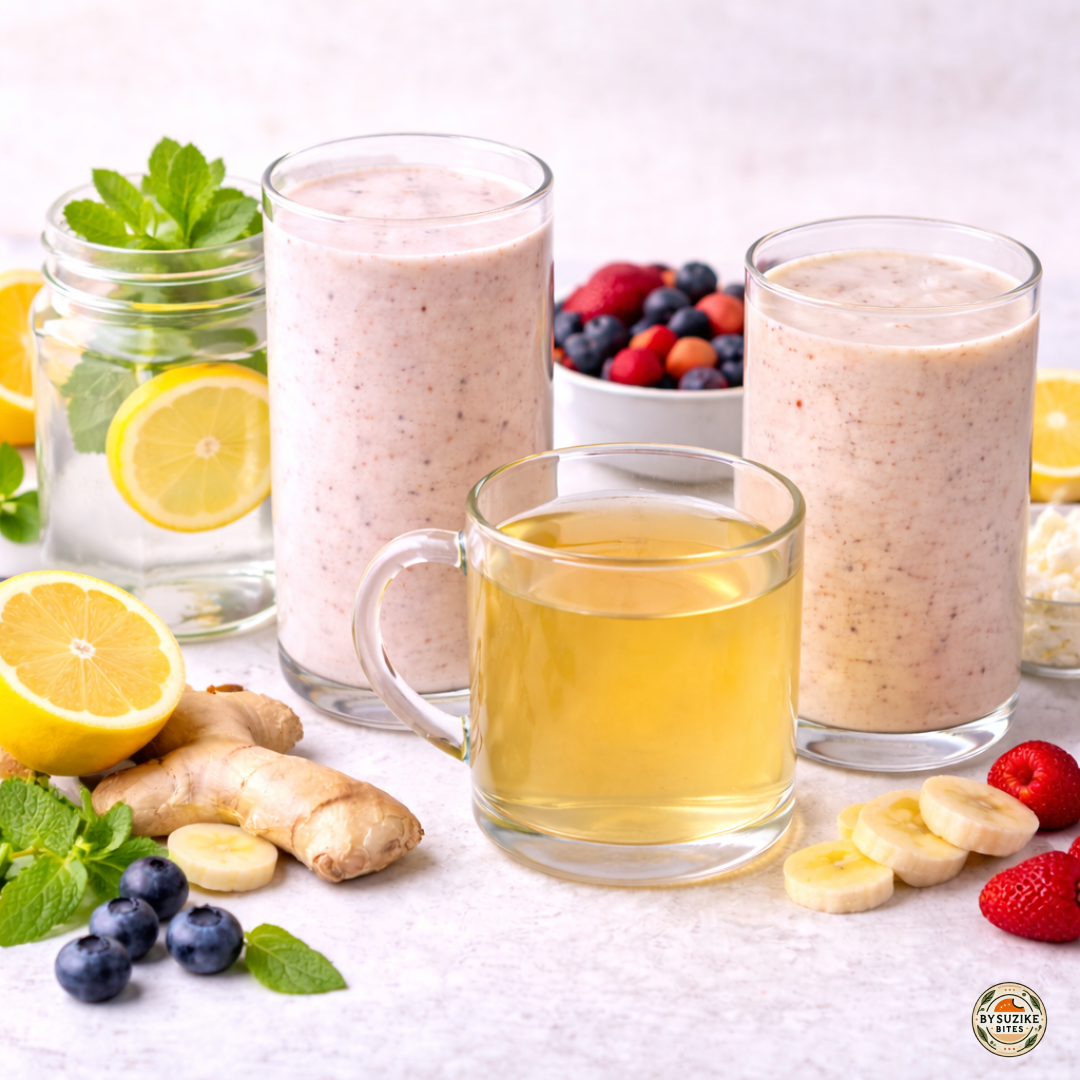 Best morning drinks for weight loss and digestion featuring lemon water, a Greek yogurt smoothie, warm ginger water, and a cottage cheese breakfast shake on a light surface