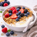 Greek yogurt bowl with berries and granola in a white bowl on a light surface